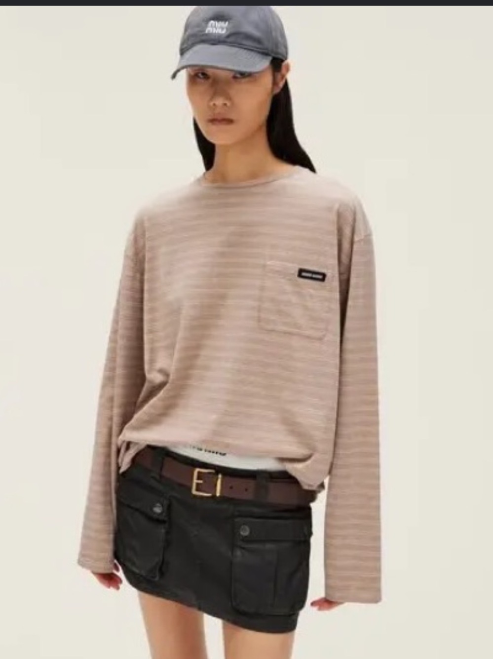 Miu Miu Logo Stripe Oversized Long Sleeve T Shirt